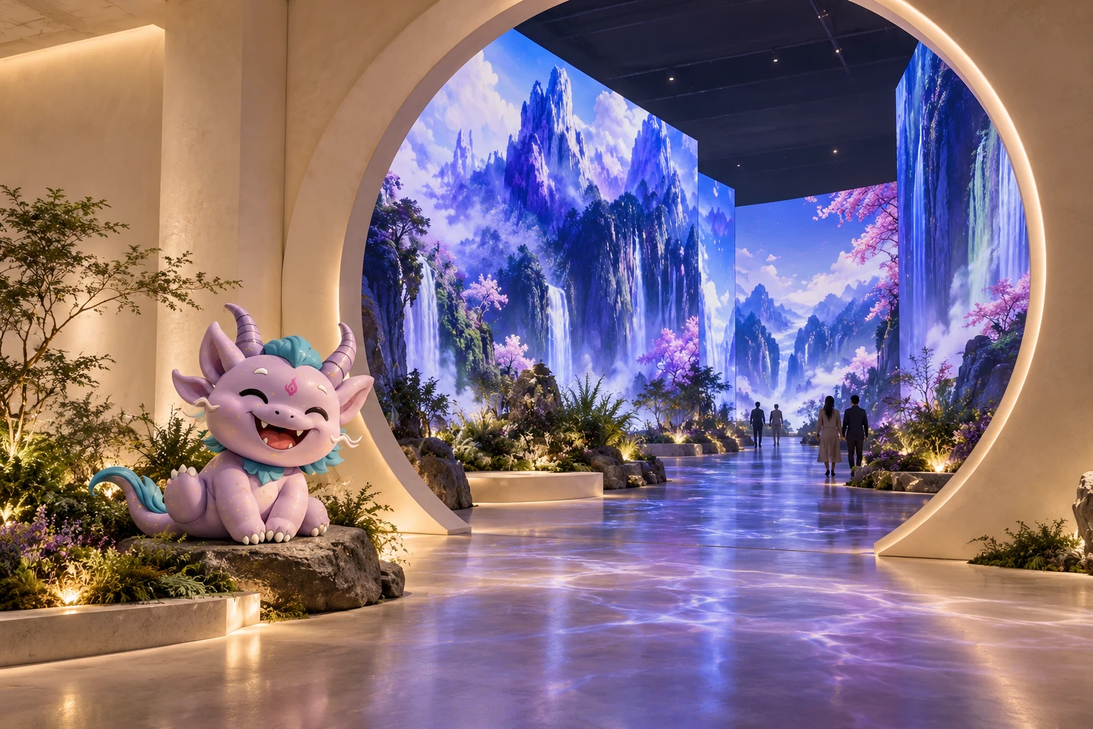 Exhibition concept with a ZuZu sculpture at a circular entrance to an immersive landscape